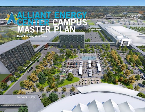 Aerial illustration of Alliant Energy Center Campus Master Plan in Dane County, Wisconsin, showcasing buildings and green spaces.
