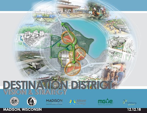 Illustration of Madison Destination District vision showing a map, sketches, buildings, and community activities.